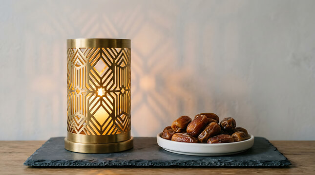 Decorative brass lantern with dates on a slate tray for cultural ambiance