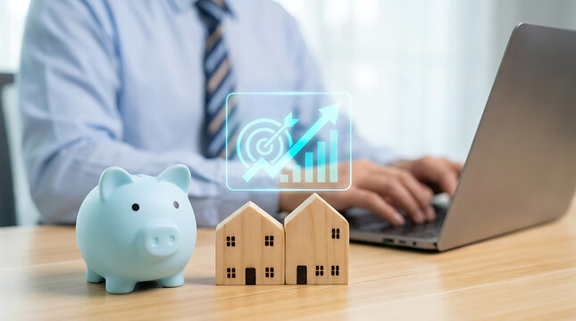 Financial growth with house models and piggy bank on wooden table