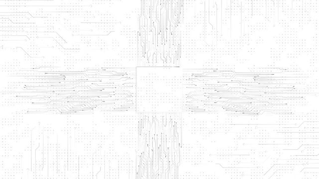 Clean white chip circuit layout delicate electronic paths, dotted texture, and empty central processor area. hardware ads, 19 presentations, science tutorials, minimal digital backgrounds.