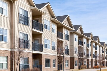 Obraz premium Modern beige apartment building with multiple balconies and windows under a clear blue sky