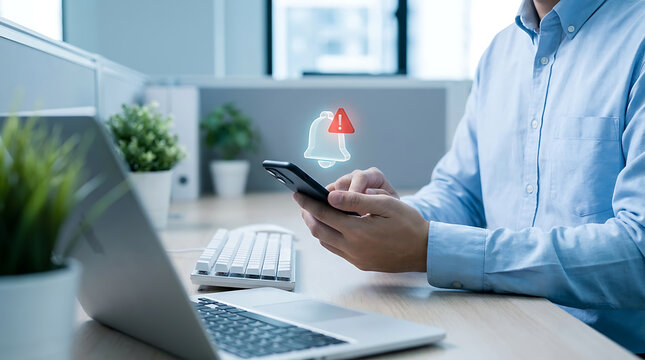 Man using smartphone with notification alert in modern office
