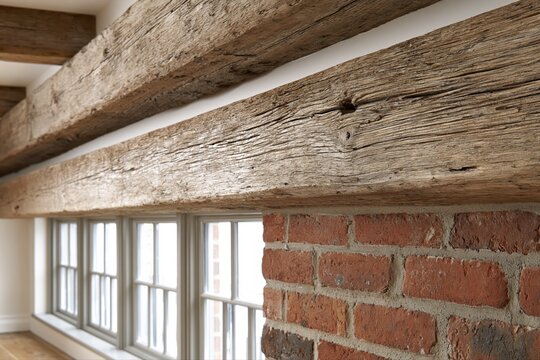 Rustic Interior Design Featuring Aged Wooden Beams Above Red Brick Wall and Paned Windows