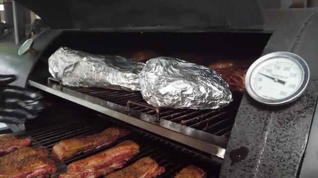 High-angle shot of a chef's hand in a black glove preparing savory beef steaks on a hot barbecue grill. The footage captures the authentic process of low and slow outdoor cooking, featuring sizzling m