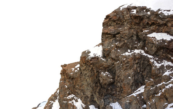 Snow Covered Rocky Cliff Cutout 3D Rendering of Rugged Mountain Rock Face Isolated on White