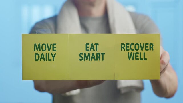 Focused on a yellow sticky note, a man in sportswear with a towel around his neck presents the key principles of a healthy life, move daily, eat smart, and recover well