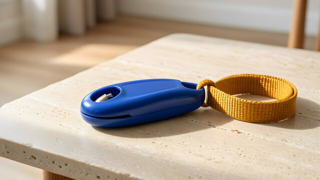 Plain cobalt-blue puppy training clicker with a separate saffron wrist loop for new-home, new-pet and everyday life-milestone campaign