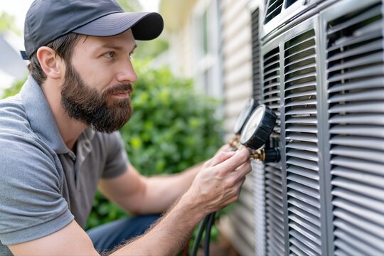 Skilled HVAC technician checking outdoor air conditioning unit with gauges for maintenance and repair