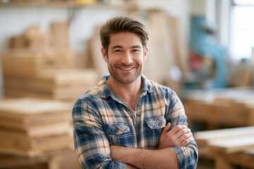 Obraz premium Smiling Caucasian Carpenter in Plaid Shirt with Arms Crossed in Wood Workshop