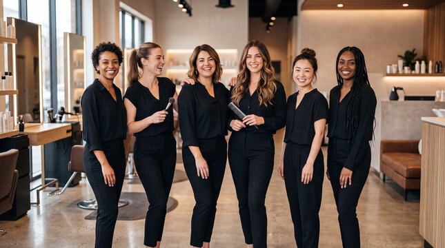 Happy Salon Staff Wearing Matching Black Uniforms Celebrating Teamwork in Modern Beauty Studio
