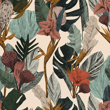 Seamless tropical floral pattern with hibiscus, protea, and bird of paradise on cream background
Richly layered hand-drawn seamless tropical floral pattern combining hibiscus and protea