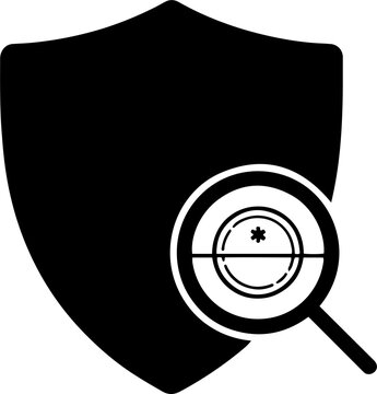Cybersecurity data protection shield with magnified security risk or vulnerability scanning vector design