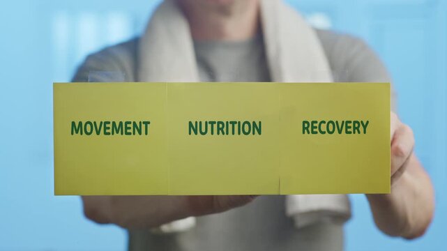 Man in sportswear holding a towel adding the word recovery to movement and nutrition on yellow sticky notes, illustrating the three pillars of a healthy and balanced lifestyle