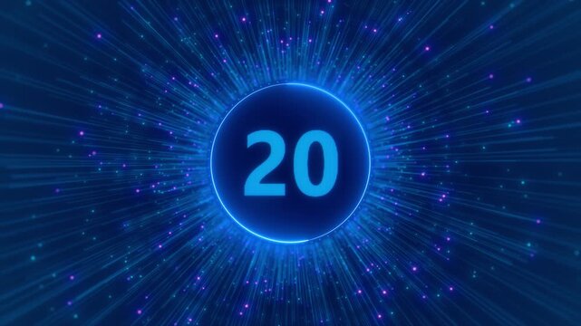 Blue countdown timer energy central glowing number, radial data streaks, bright digital particles. event openers, game streams, webinar starts, product launches and modern video graphics.