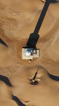 Top down aerial view of Punta del Fangar Lighthouse and shadow in Ebro Delta Natural Park, Deltebre, Catalonia, Spain