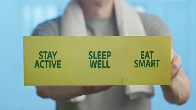 Athletic man with a towel around his neck holding a sign with a motivational message for a healthy lifestyle, highlighting the importance of activity, sleep, and proper nutrition for well being