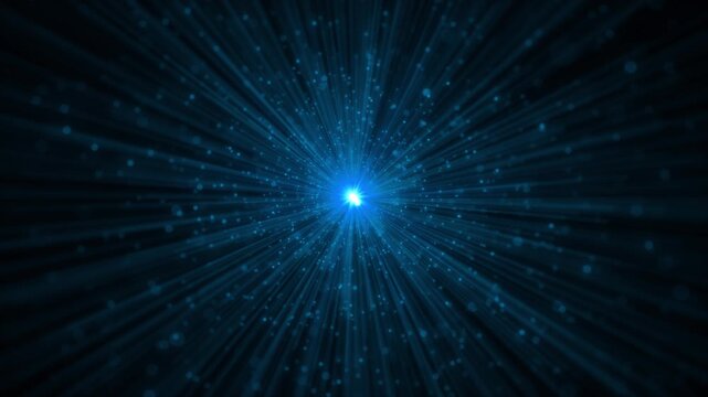 Radiant blue particle explosion glowing center, long light rays, and dark cinematic atmosphere. Perfect for title reveals, sci fi scenes, tech promos, cosmic visuals, and energetic video backgrounds.