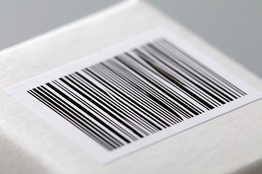 Close-up of a black and white barcode label applied to a textured white surface, emphasizing retail and inventory management