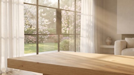 Fototapeta premium Empty Wooden Table Top Surface in Bright Sunny Living Room Interior with Garden View Background for Product Placement AI