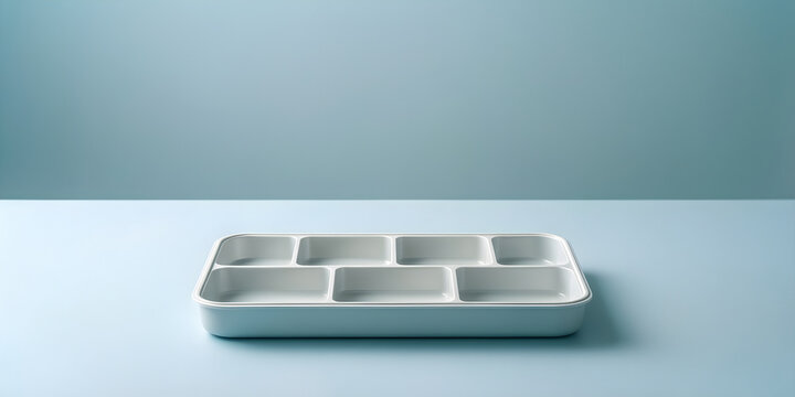 Plain compartmented medication-preparation tray with distinct empty sections for preventive healthcare, home wellness and accessibility campaign