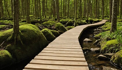 Fototapeta premium Forest trail raised plank walkway copy space
