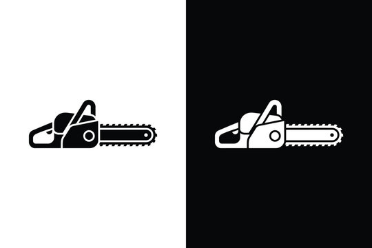 Chainsaw icon set, Black and white vector power tool silhouette for woodcutting, logging and carpentry designs