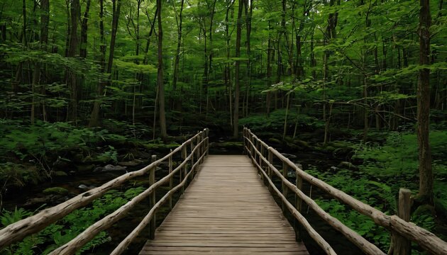 Forest trail small wooden bridge copy space
