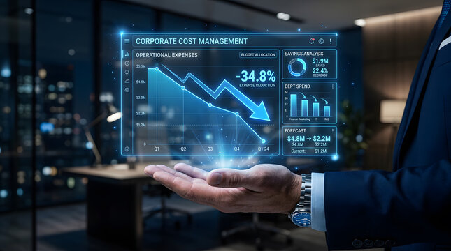 A businessman in a suit holds a holographic display showing corporate cost management data, including spending reduction charts and graphs, in a modern office.