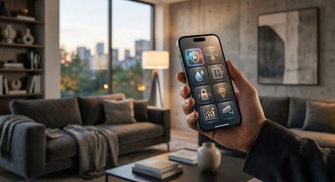 Hand holding smartphone displaying home automation control panel in a modern living room setting