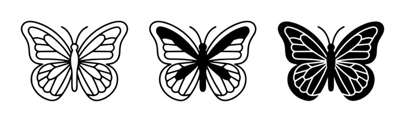 Butterfly Icons, Insect Vector Graphics, Delicate Wing Designs, Black and White Silhouettes © Fariya