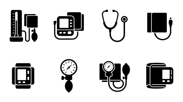 Medical Icons: Blood Pressure Monitors, Stethoscopes, and Health Devices, Vector Set
