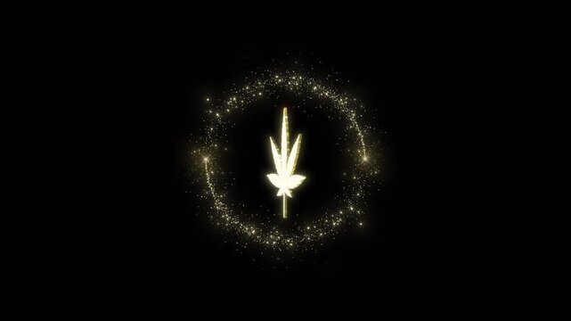 Cannabis leaf gold sparkle logo luminous particle halo, black empty space, premium herbal visual style. hemp branding videos, wellness edits, medical explainers, industry promos, animated overlays.