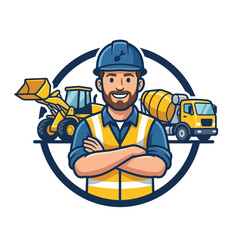 Fototapeta premium Cartoon Construction Worker Mascot Logo Design with Heavy Machinery.