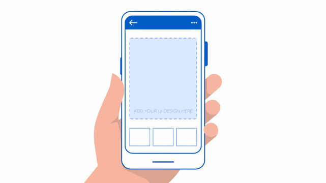 Hand holding a modern smartphone displays a blank interface template designed for mobile application development and user experience testing.