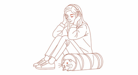 Young woman relaxing with headphones and pet hamster