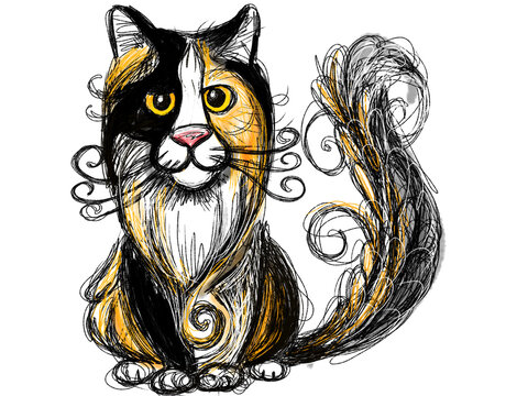Fluffy calico cat. Expressive hand-drawn graphic sketch of a sitting kitty with a curly tail drawn with messy scribble lines