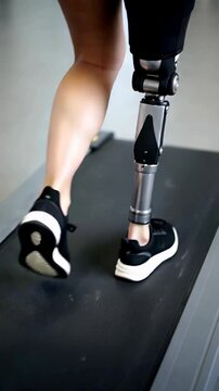 Woman with prosthetic leg walking on treadmill in gym, medium shot, slow motion technique