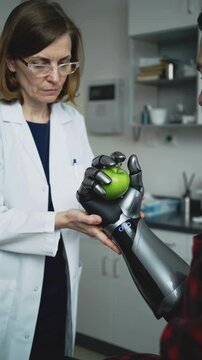Robotic prosthetic hand holding green apple during physical therapy session in doctor office
