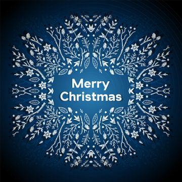 New Year's Christmas card. Merry Christmas. White pine cones, branches, and flowers on a colored background. Holly, pine,