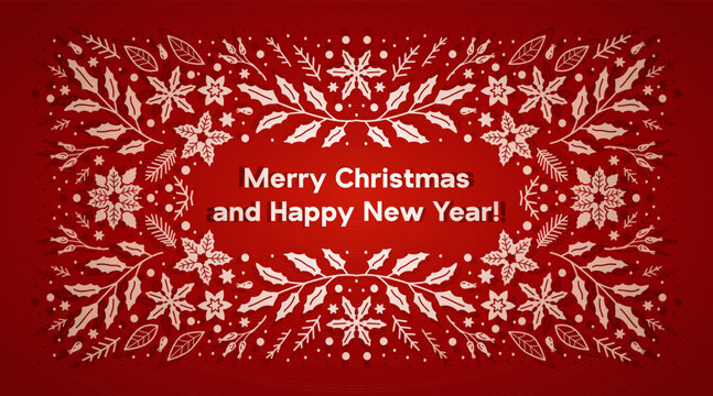 New Year's Christmas card. Merry Christmas. White pine cones, branches, and flowers on a colored background. Holly, pine,
