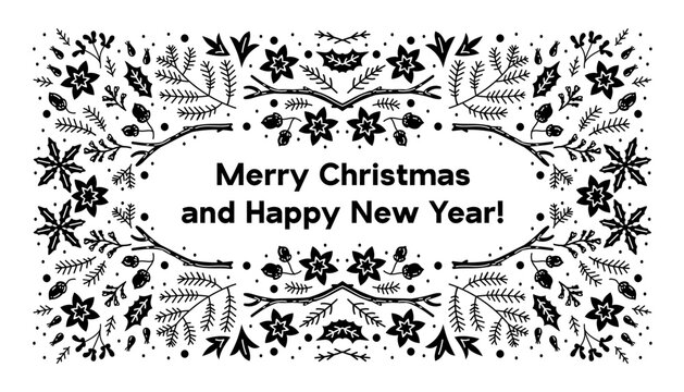 New Year's Christmas card. Merry Christmas. Black pine cones, branches, and flowers on a White background. Holly, pine,