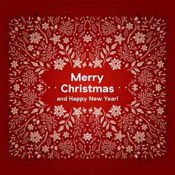 New Year's Christmas card. Merry Christmas. White pine cones, branches, and flowers on a colored background. Holly, pine,