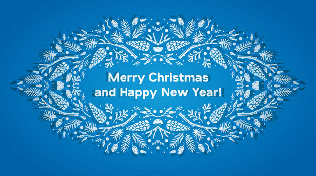 New Year's Christmas card. Merry Christmas. White pine cones, branches, and flowers on a colored background. Holly, pine,