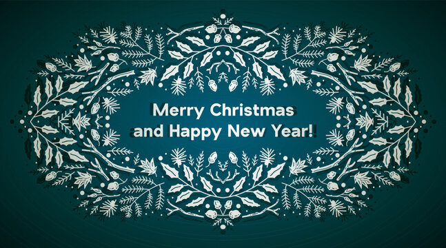 New Year's Christmas card. Merry Christmas. White pine cones, branches, and flowers on a colored background. Holly, pine,