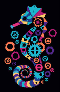 Vibrant seahorse made of geometric shapes and gears on black background.