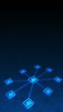 AI network nodes digital glowing blue tiles, connected hub lines, dark grid floor, futuristic 19 depth. artificial intelligence , machine learning intros, automation visuals, software overlays