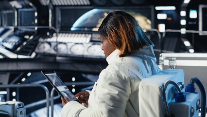 Female astronaut performs routine maintenance aboard a starship traveling to Mars, checks spacecraft systems, and navigates the orbital trajectory after leaving Earth during a long deep-space mission. © DC Studio