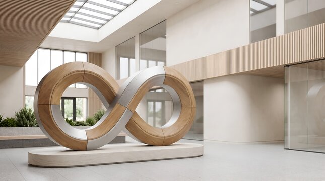 Modern Infinity Symbol Sculpture in Minimalist Corporate Office Lobby Interior