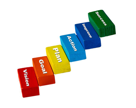 Business Success Staircase with Vision Goal Plan Action improvement and Success