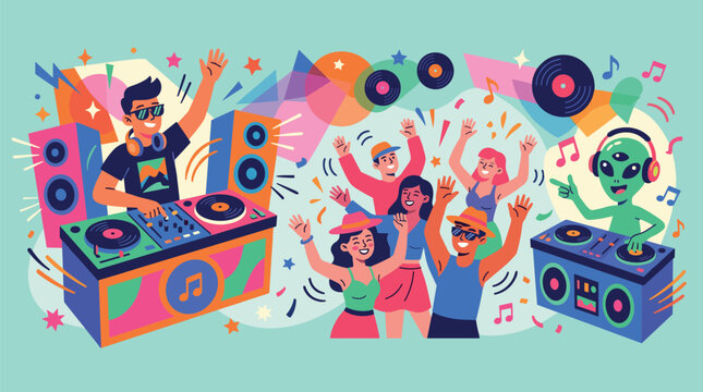 Colorful party vector illustration with human and alien DJs, dancing crowd, vinyl records, and vibrant music festival atmosphere