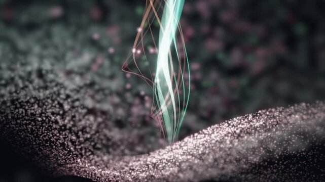 3D Render A mesmerizing 3D render video featuring luminous, flowing ribbons of light emerging from a dark